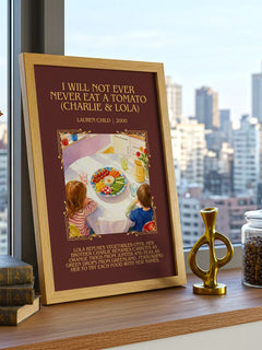 I Will Not Ever Never Eat a Tomato (Charlie & Lola) Minimalist Book Poster by Lauren Child – framed print on a city-view windowsill