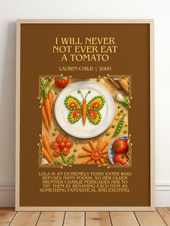 I will never not ever eat a tomato Minimalist Book Poster by L. Child – framed print leaning on a wooden floor