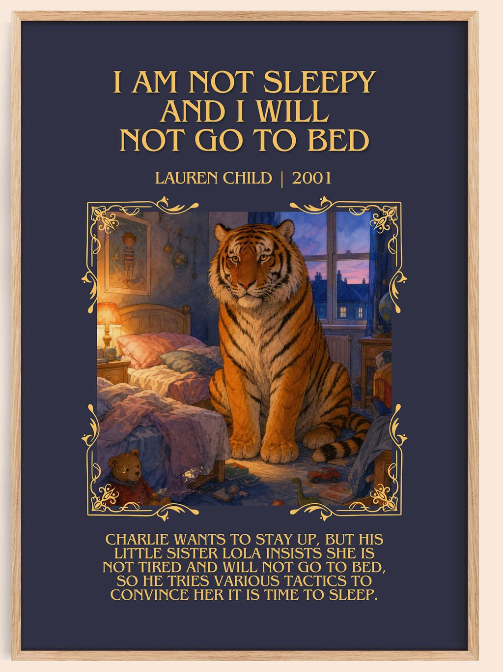 I Am Not Sleepy and I Will Not Go to Bed Minimalist Book Poster by Lauren Child – book poster