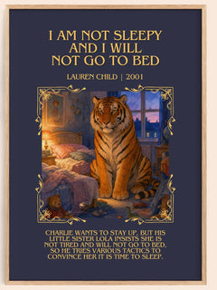 I Am Not Sleepy and I Will Not Go to Bed Minimalist Book Poster by Lauren Child – book poster