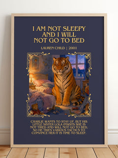 I Am Not Sleepy and I Will Not Go to Bed Minimalist Book Poster by Lauren Child – framed print leaning on a wooden floor