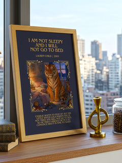 I Am Not Sleepy and I Will Not Go to Bed Minimalist Book Poster by Lauren Child – framed print on a city-view windowsill