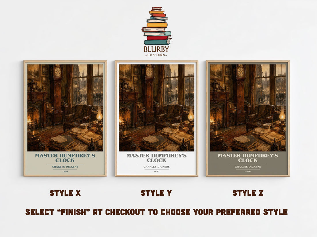 Master Humphrey'S Clock book cover print in frame leaning in hallway – classic literature wall art (mockup)