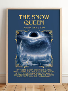 The Snow Queen Minimalist Book Poster by Joan D. Vinge – framed print leaning on a wooden floor