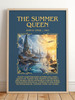 The Summer Queen Minimalist Book Poster by Joan D. Vinge – framed print leaning on a wooden floor