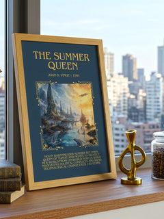 The Summer Queen Minimalist Book Poster by Joan D. Vinge – framed print on a city-view windowsill