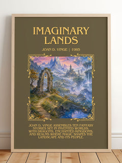Imaginary Lands Minimalist Book Poster by Joan D. Vinge – framed print leaning on a wooden floor