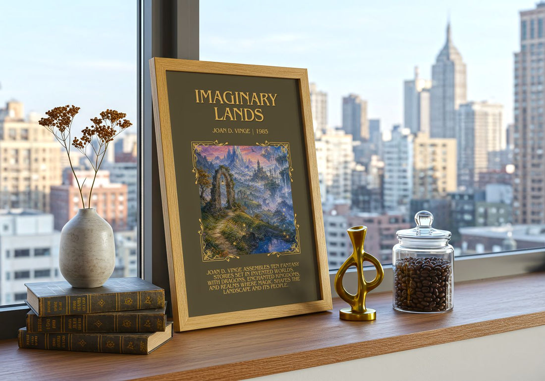 Imaginary Lands Minimalist Book Poster by Joan D. Vinge – framed print on a city-view windowsill