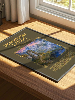 Imaginary Lands Minimalist Book Poster by Joan D. Vinge – print on a sunlit desk