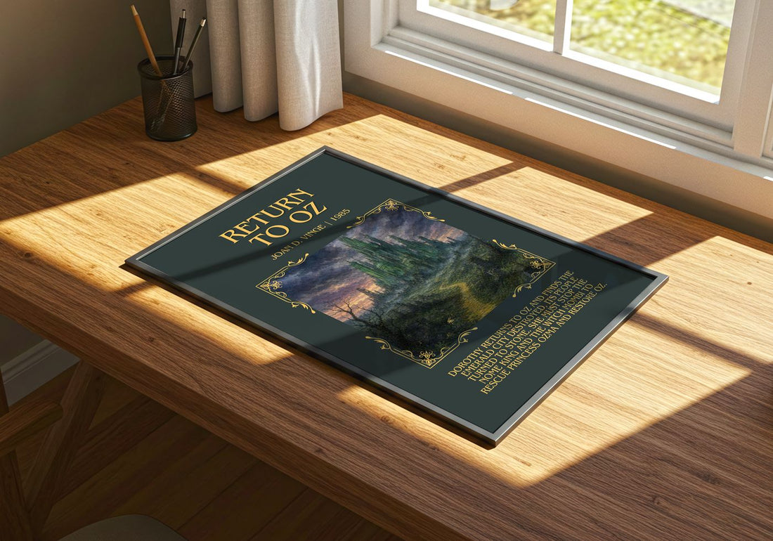 Return to Oz Minimalist Book Poster by Joan D. Vinge – print on a sunlit desk