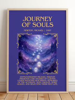 Journey of souls Minimalist Book Poster by Newton, Michael – framed print leaning on a wooden floor