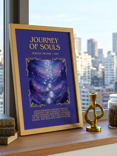 Journey of souls Minimalist Book Poster by Newton, Michael – framed print on a city-view windowsill