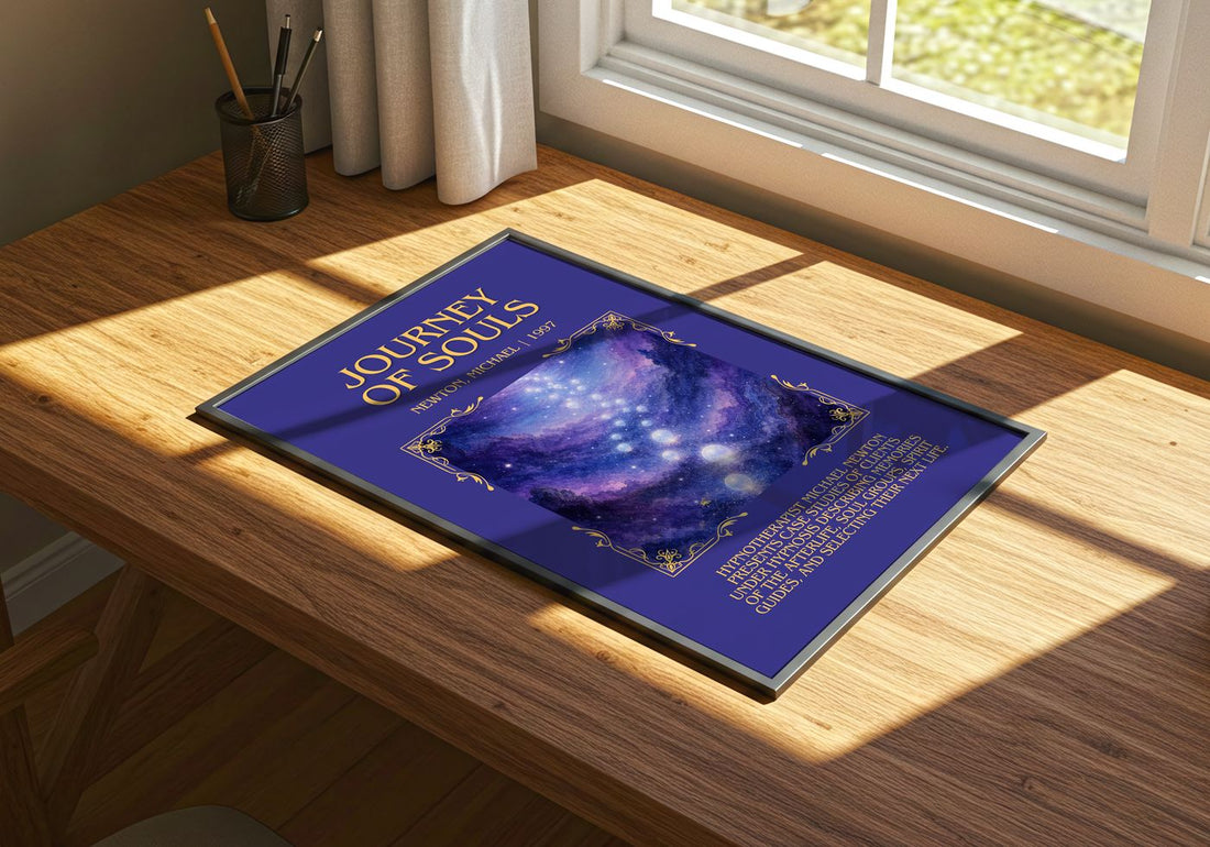 Journey of souls Minimalist Book Poster by Newton, Michael – print on a sunlit desk