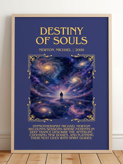 Destiny of souls Minimalist Book Poster by Newton, Michael – framed print leaning on a wooden floor