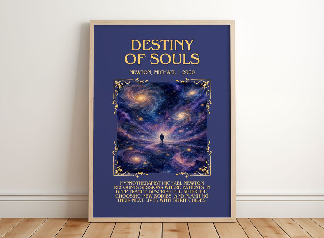 Destiny of souls Minimalist Book Poster by Newton, Michael – framed print leaning on a wooden floor