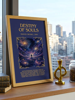 Destiny of souls Minimalist Book Poster by Newton, Michael – framed print on a city-view windowsill