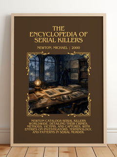encyclopedia of serial killers Minimalist Book Poster by N. Michael – framed print leaning on a wooden floor