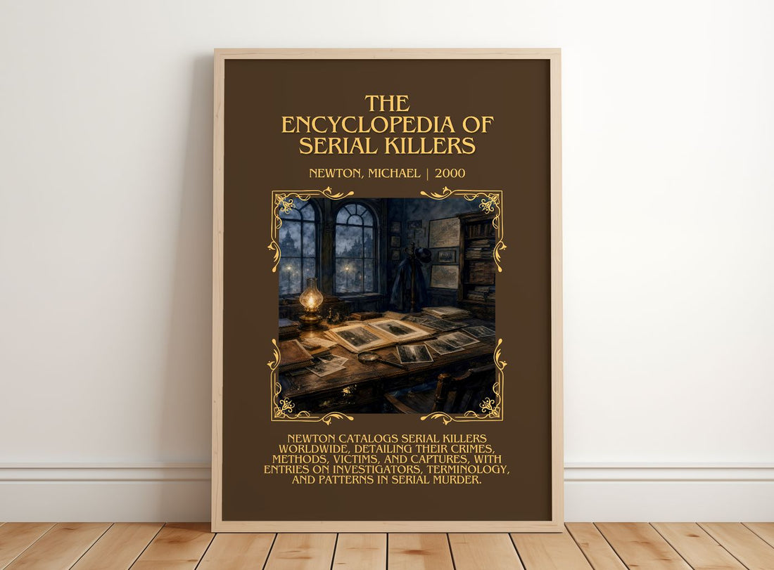 encyclopedia of serial killers Minimalist Book Poster by N. Michael – framed print leaning on a wooden floor