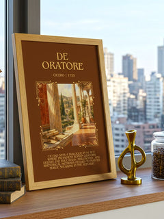 De oratore Minimalist Book Poster by Cicero – framed print on a city-view windowsill