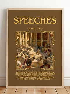 Speeches Minimalist Book Poster by Cicero – framed print leaning on a wooden floor