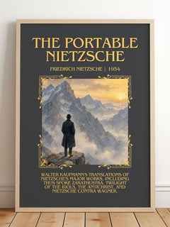 The portable Nietzsche Minimalist Book Poster by Friedrich Nietzsche – framed print leaning on a wooden floor
