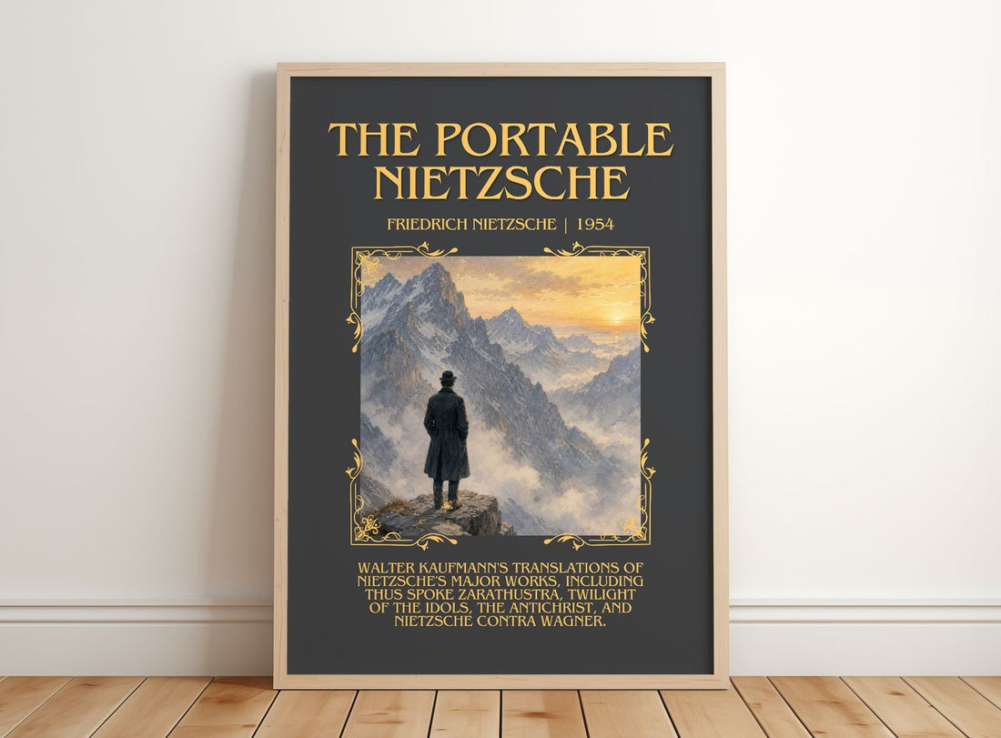 The portable Nietzsche Minimalist Book Poster by Friedrich Nietzsche – framed print leaning on a wooden floor