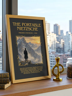 The portable Nietzsche Minimalist Book Poster by Friedrich Nietzsche – framed print on a city-view windowsill