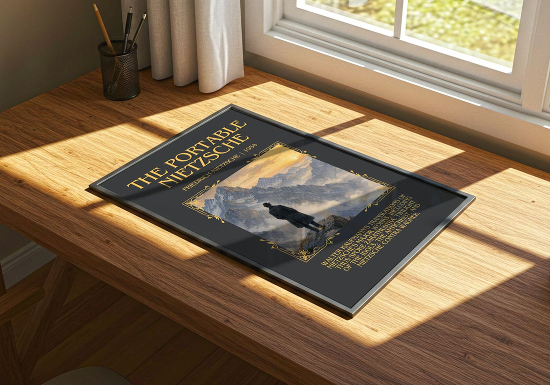 The portable Nietzsche Minimalist Book Poster by Friedrich Nietzsche – print on a sunlit desk