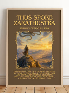 Thus Spoke Zarathustra Minimalist Book Poster by Friedrich Nietzsche – framed print leaning on a wooden floor