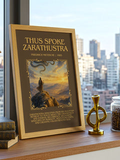 Thus Spoke Zarathustra Minimalist Book Poster by Friedrich Nietzsche – framed print on a city-view windowsill