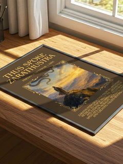 Thus Spoke Zarathustra Minimalist Book Poster by Friedrich Nietzsche – print on a sunlit desk
