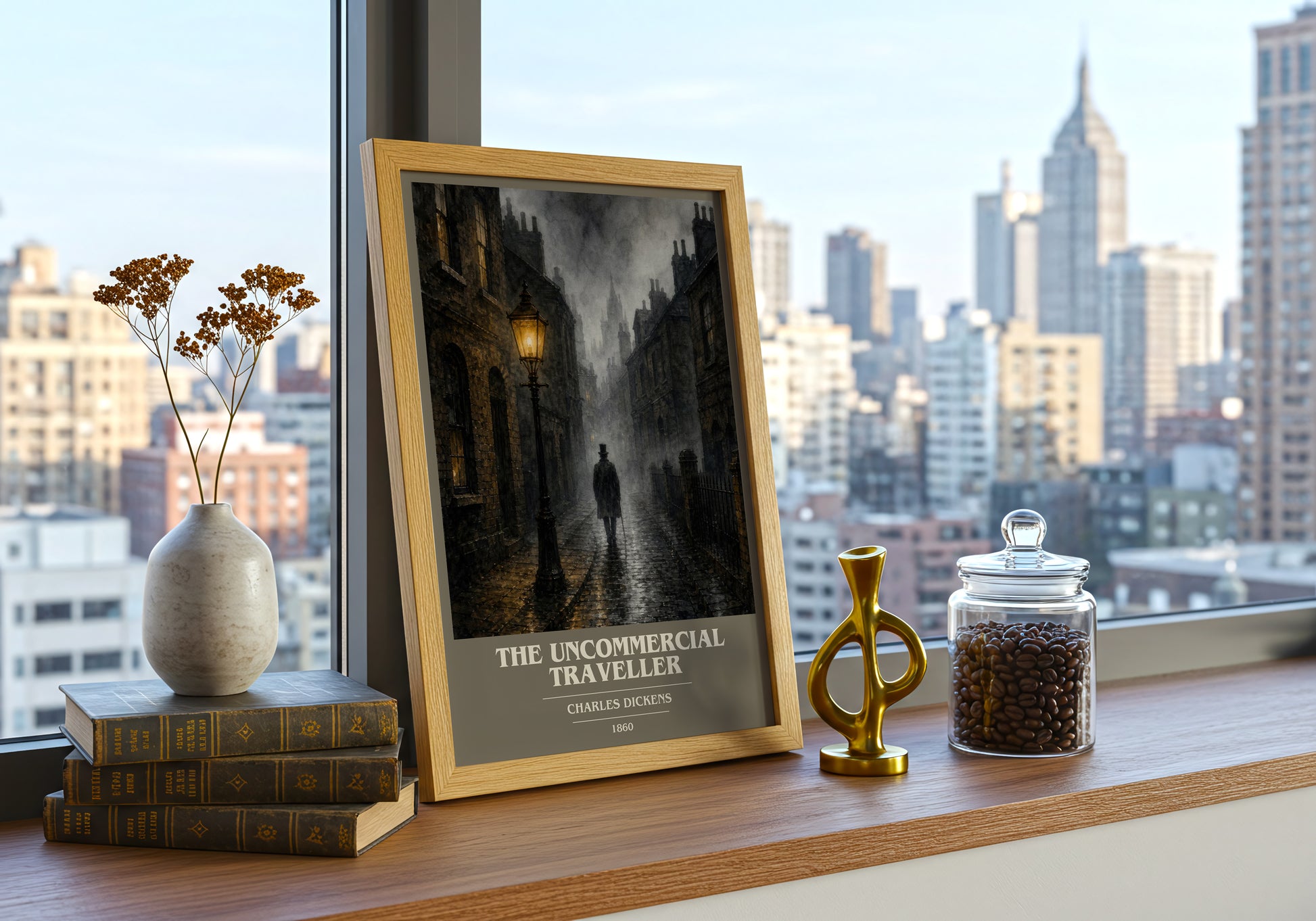 The Uncommercial Traveller book cover print framed by window – literary home decor