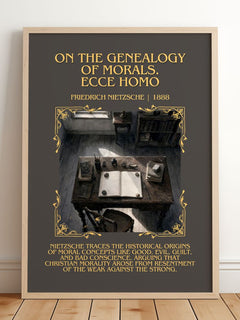 On the genealogy of morals.  Ecce Homo Minimalist Book Poster by Friedrich Nietzsche – framed print leaning on a wooden floor