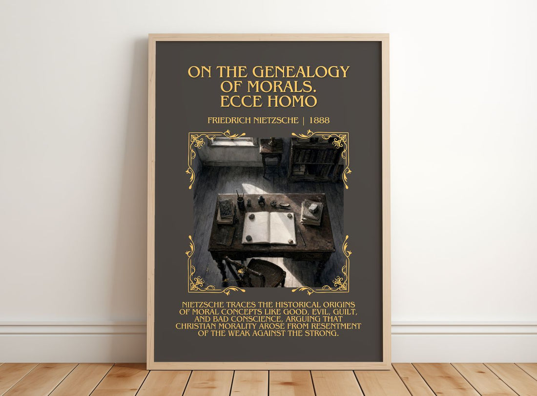 On the genealogy of morals.  Ecce Homo Minimalist Book Poster by Friedrich Nietzsche – framed print leaning on a wooden floor