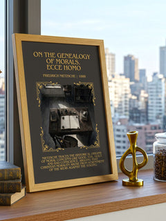 On the genealogy of morals.  Ecce Homo Minimalist Book Poster by Friedrich Nietzsche – framed print on a city-view windowsill