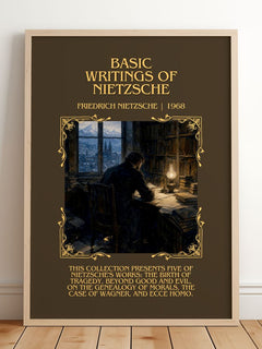 Basic writings of Nietzsche Minimalist Book Poster by F. Nietzsche – framed print leaning on a wooden floor