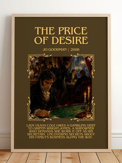 The Price of Desire Minimalist Book Poster by Jo Goodman – framed print leaning on a wooden floor