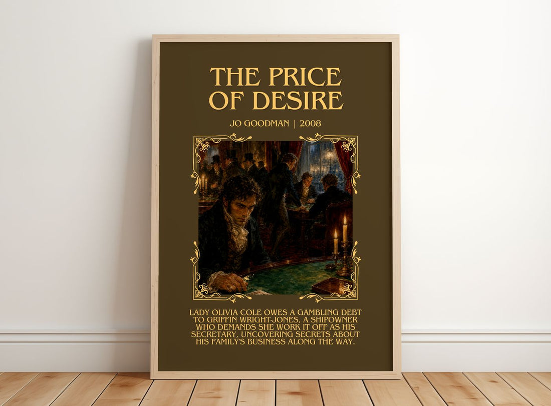 The Price of Desire Minimalist Book Poster by Jo Goodman – framed print leaning on a wooden floor