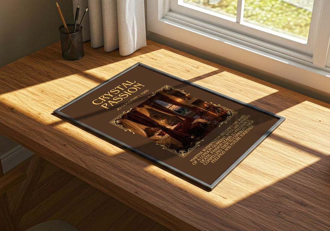 Crystal Passion Minimalist Book Poster by Jo Goodman – print on a sunlit desk