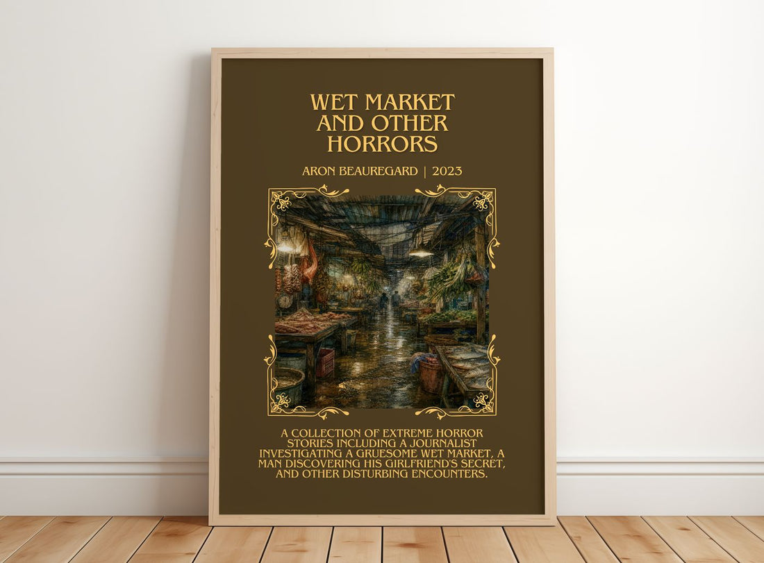 Wet Market and Other Horrors Minimalist Book Poster by Aron Beauregard – framed print leaning on a wooden floor