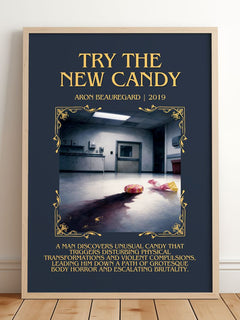 Try the New Candy Minimalist Book Poster by Aron Beauregard – framed print leaning on a wooden floor
