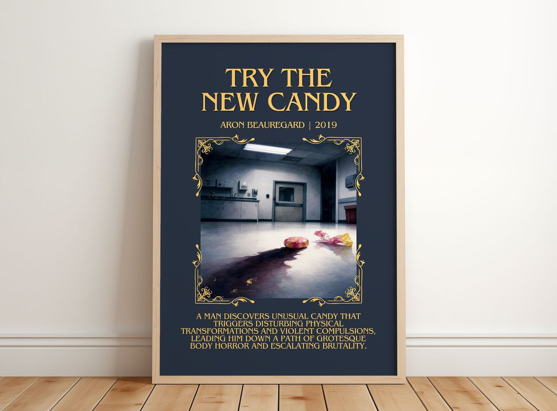 Try the New Candy Minimalist Book Poster by Aron Beauregard – framed print leaning on a wooden floor