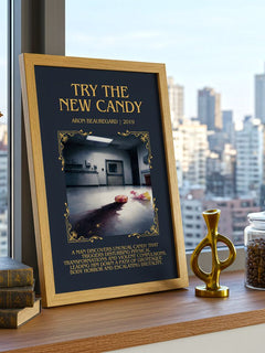 Try the New Candy Minimalist Book Poster by Aron Beauregard – framed print on a city-view windowsill