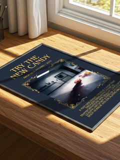 Try the New Candy Minimalist Book Poster by Aron Beauregard – print on a sunlit desk