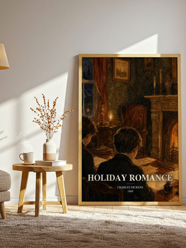 Holiday Romance watercolour print in frame leaning in hallway – classic literature wall art