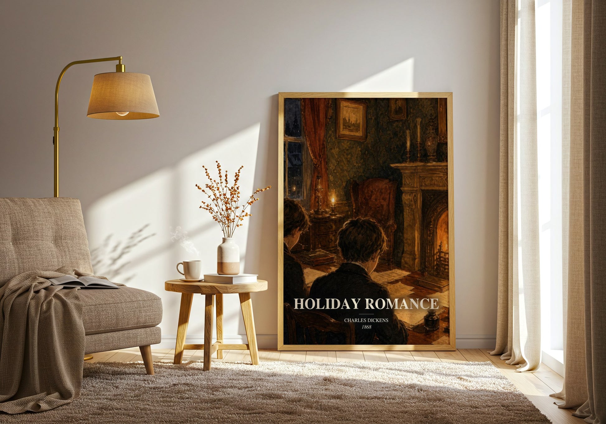 Holiday Romance watercolour print in frame leaning in hallway – classic literature wall art
