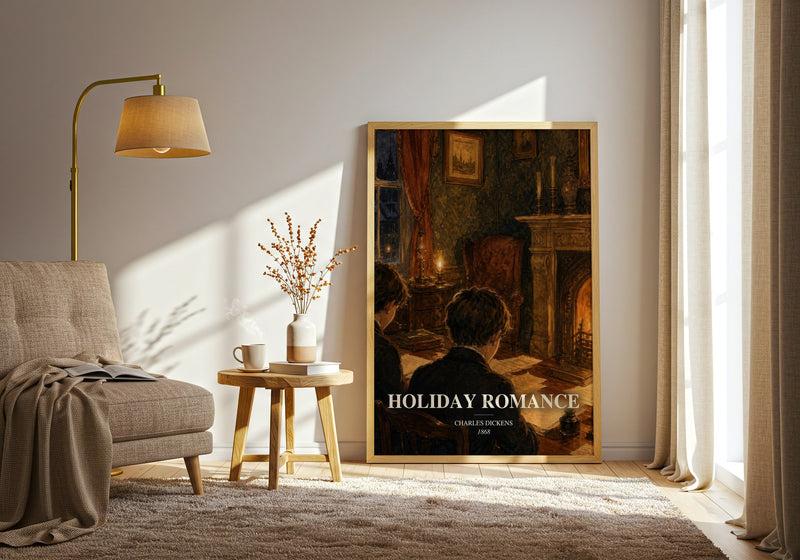 Holiday Romance watercolour print in frame leaning in hallway – classic literature wall art