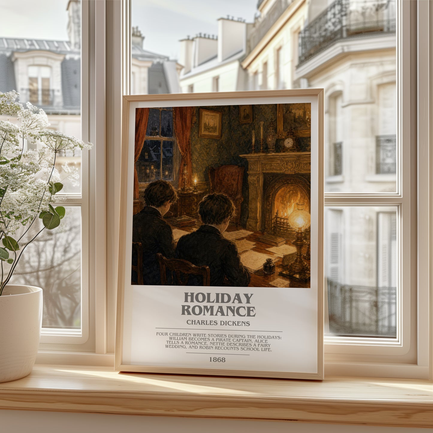 Holiday Romance bookish poster colour and style options – Charles Dickens book art