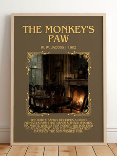 The monkey's paw Minimalist Book Poster by W. W. Jacobs – framed print leaning on a wooden floor