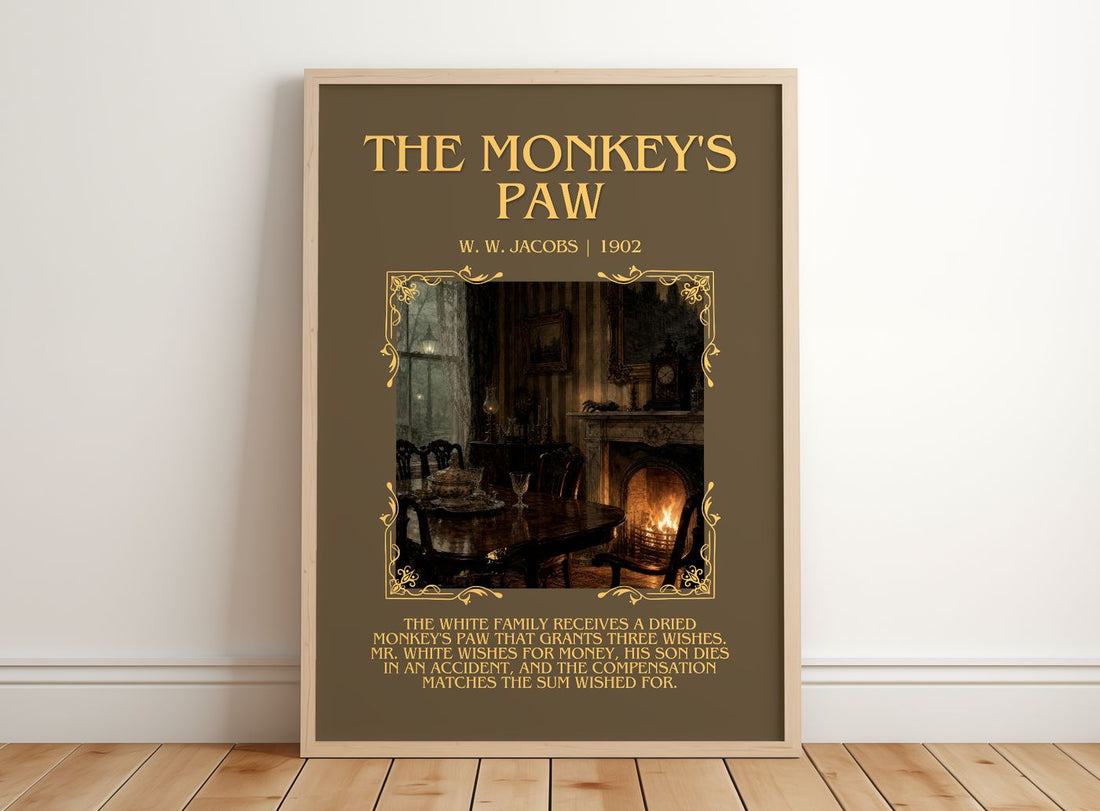 The monkey's paw Minimalist Book Poster by W. W. Jacobs – framed print leaning on a wooden floor